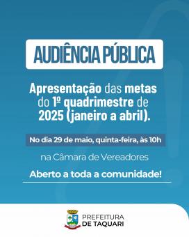 Dados do quadrimestre serão apresentados em audiência pública Dados do quadrimestre serão apresentados em audiência pública